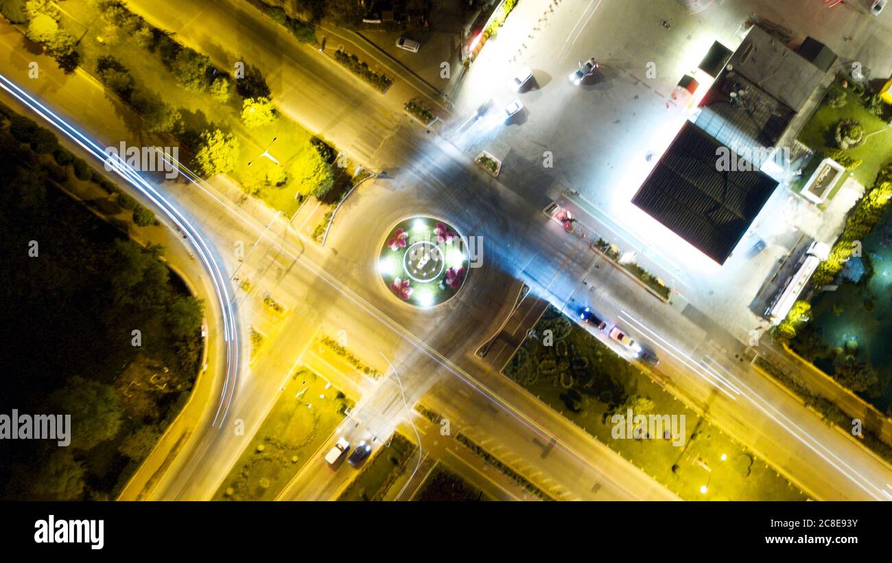 Aerial view of the roundabout at the night time. Long exposure. Stock Photo