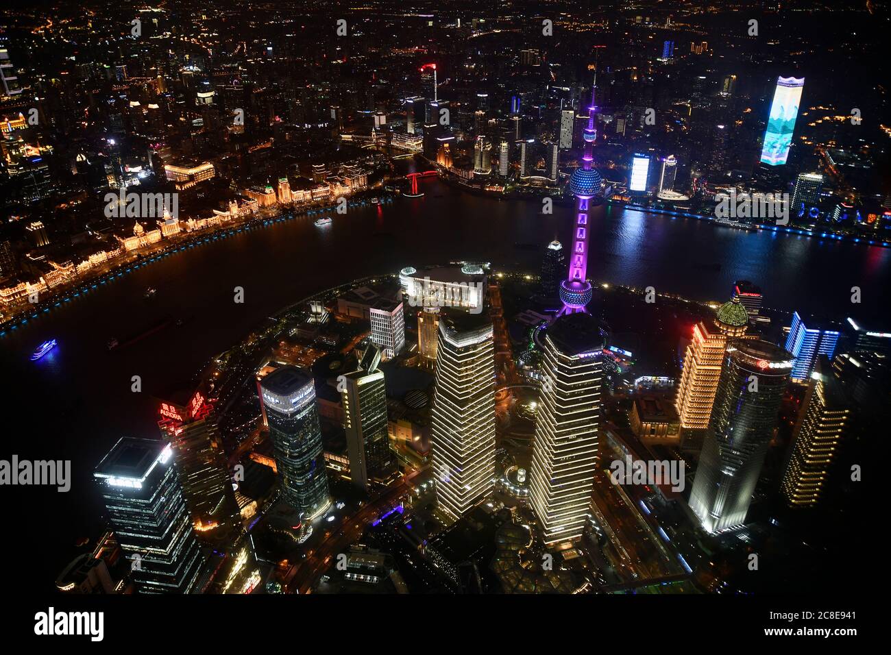 China, Shanghai, Aerial view of Lujiazui at night Stock Photo