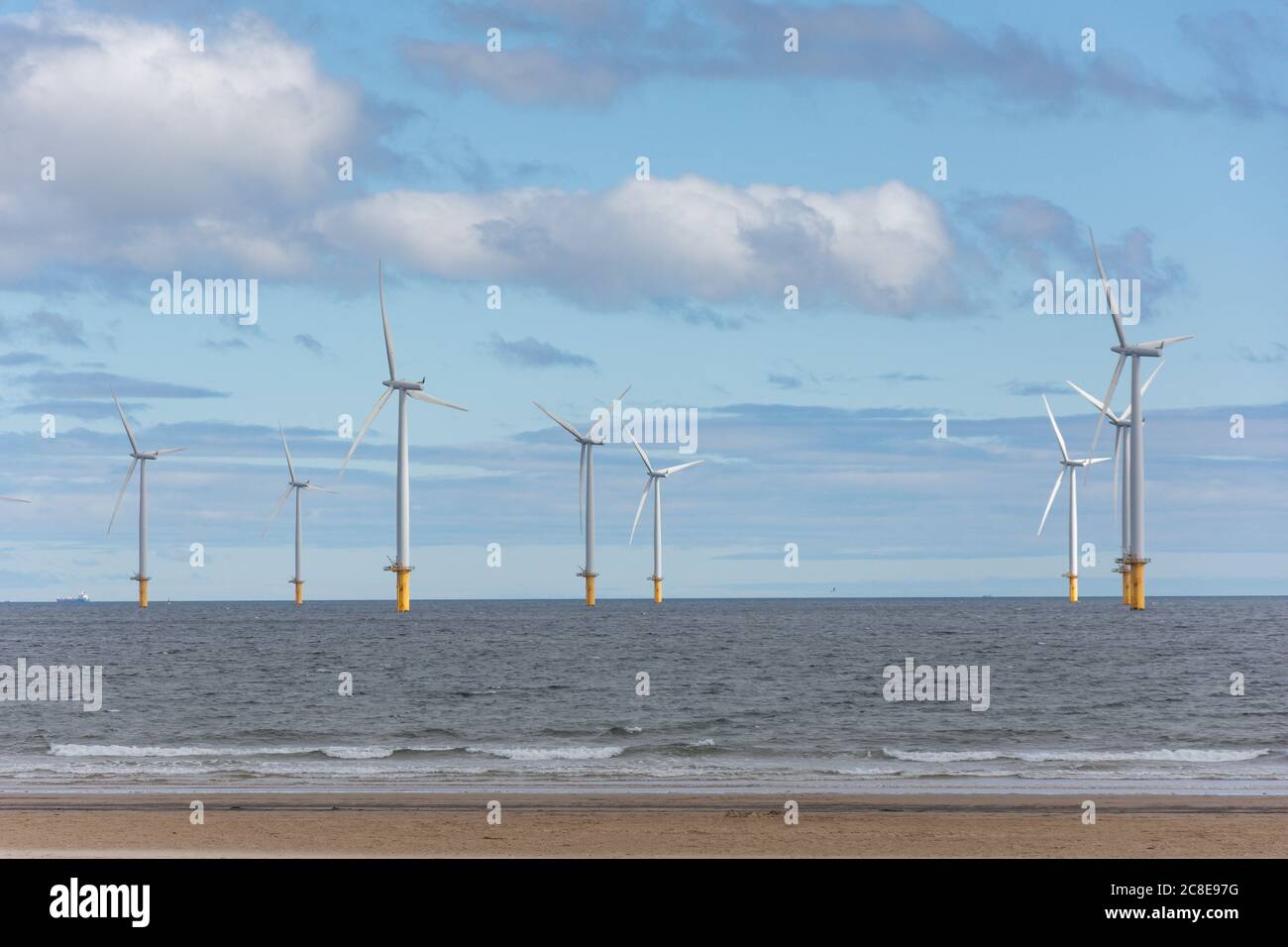 Offshore wind turbines from beach, Redcar, North Yorkshire, England, United Kingdom Stock Photo