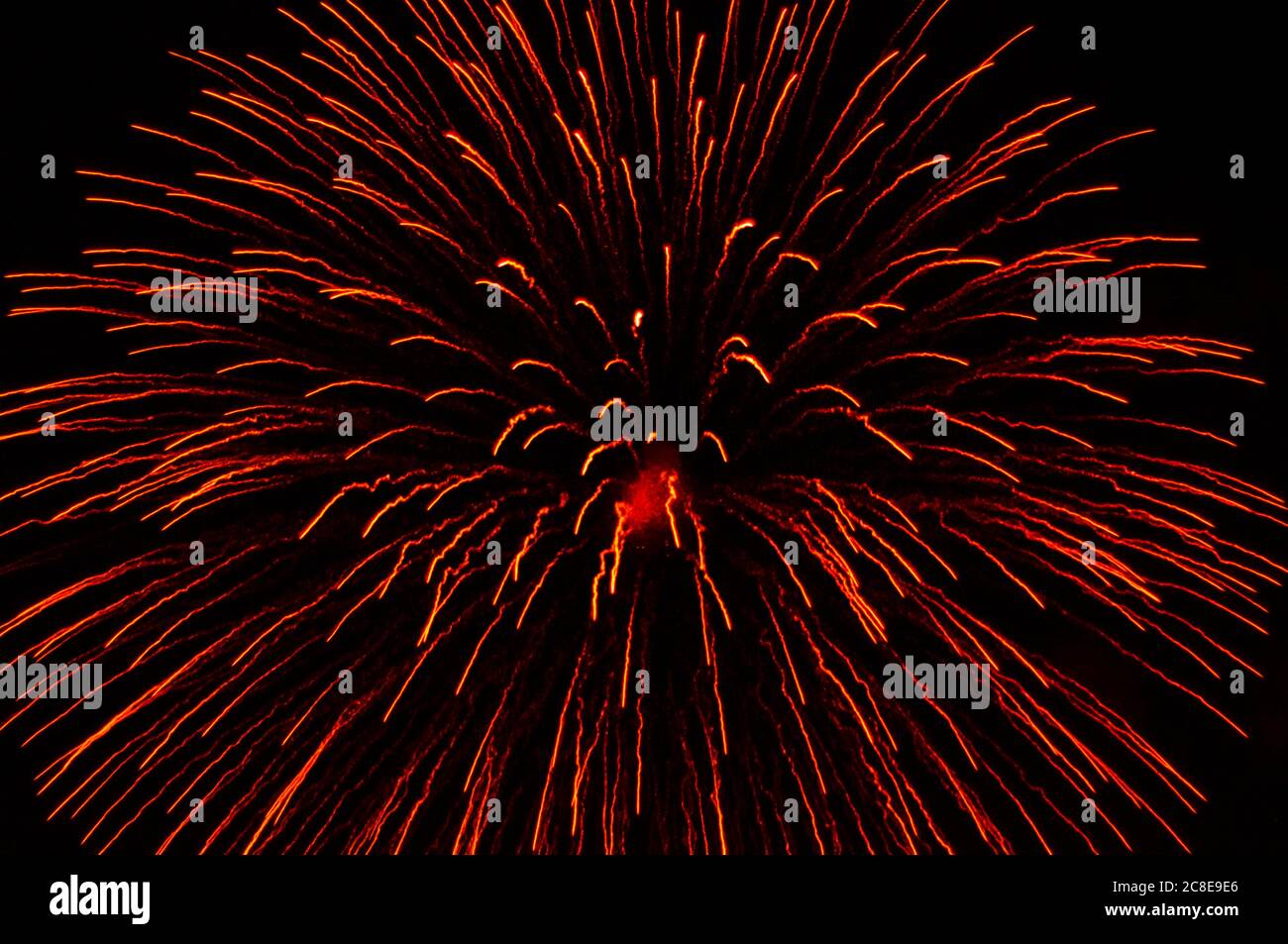 Red fireworks exploding against night sky Stock Photo