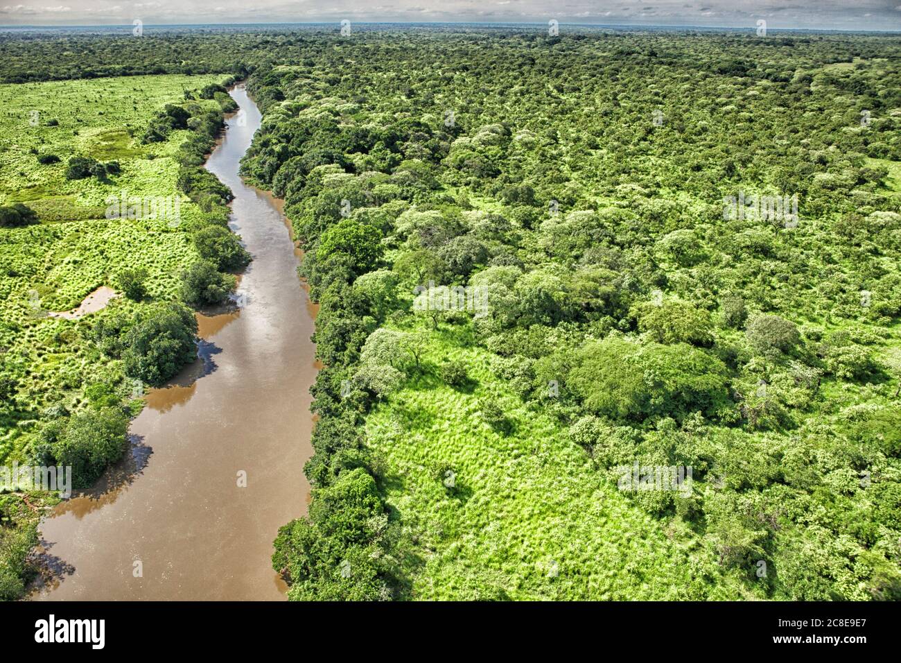 Democratic Republic of Congo, Aerial view of Garamba River flowing through green savannah in Garamba National Park Stock Photo