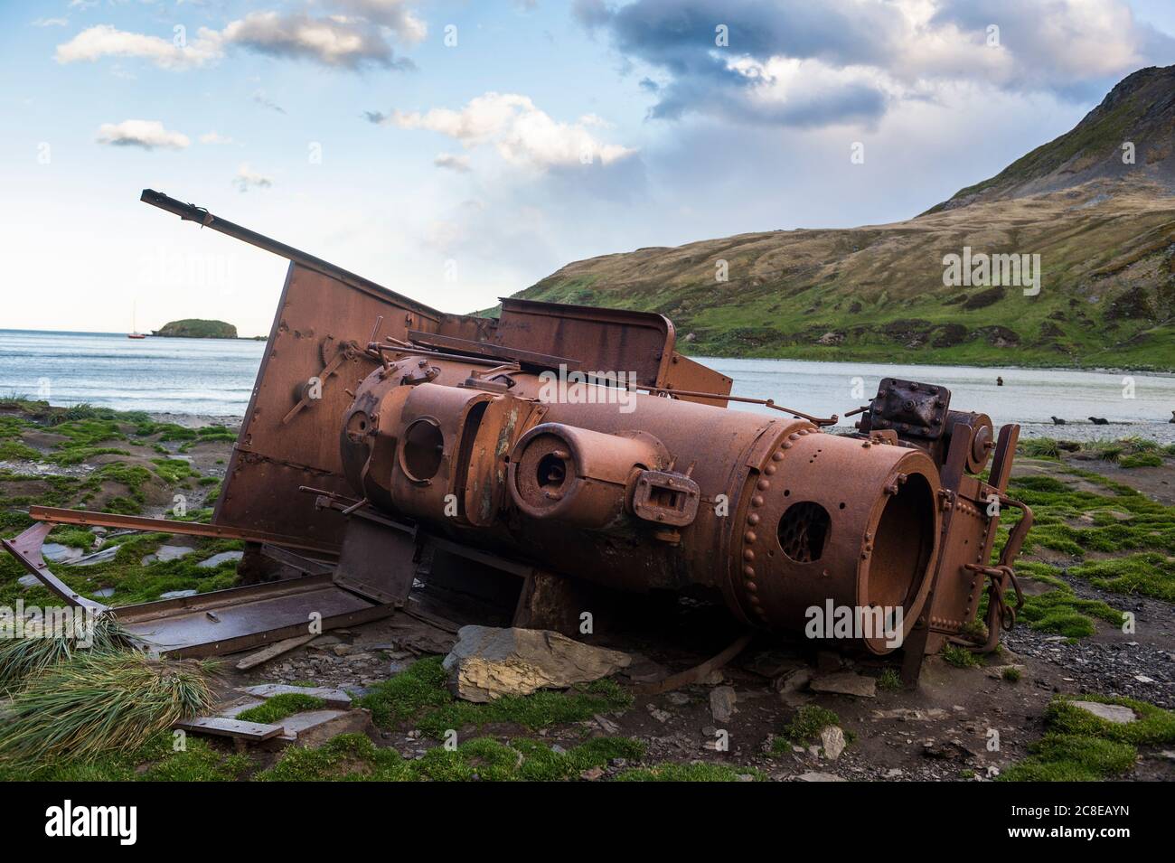 UK, South Georgia and South Sandwich Islands, Abandoned steam locomotive deteriorating on Antarctic shore Stock Photo