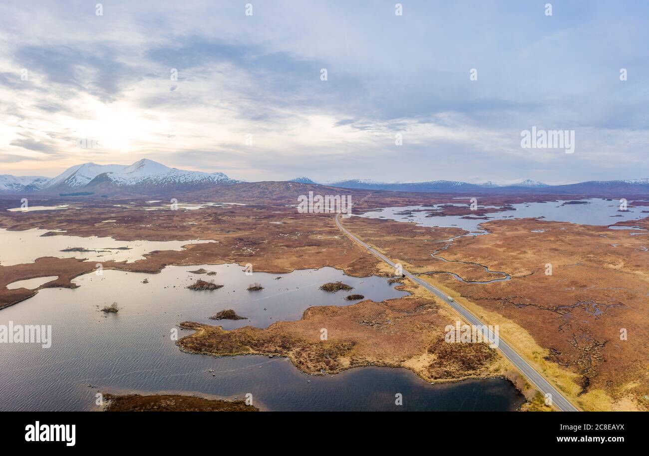 UK, Scotland, Aerial view of shore of Lochan na h-Achlaise in Rannoch Moor Stock Photo