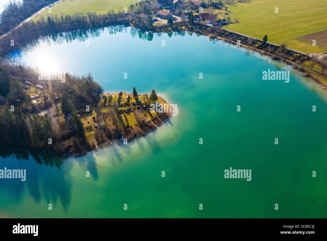 Germany, Bavaria, Konigsdorf, Drone view of Bibisee lake Stock Photo