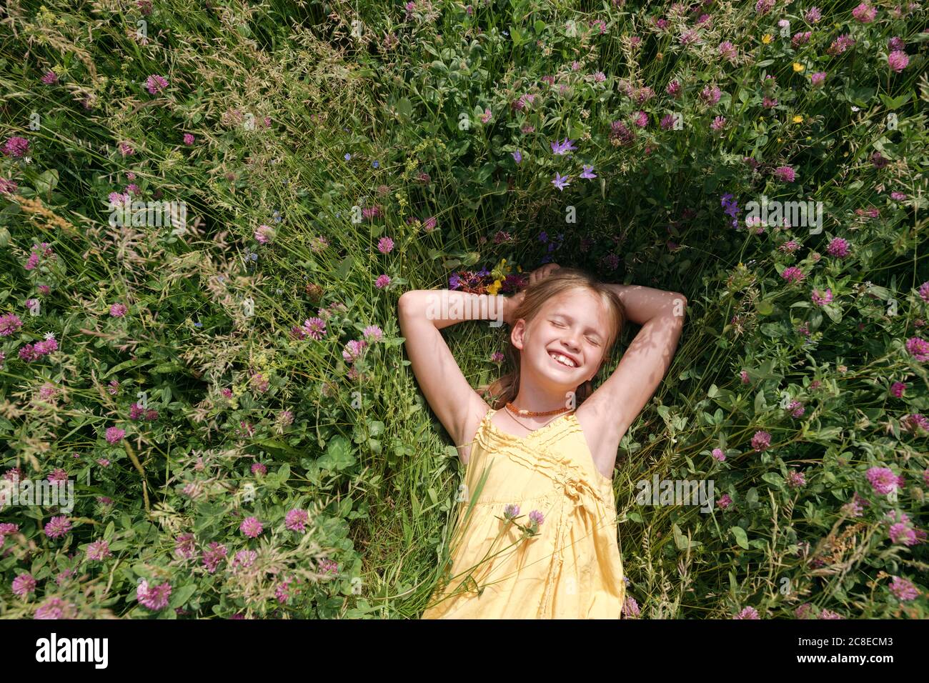 Portrait of happy little girl with eyes closed lying on a meadow in ...