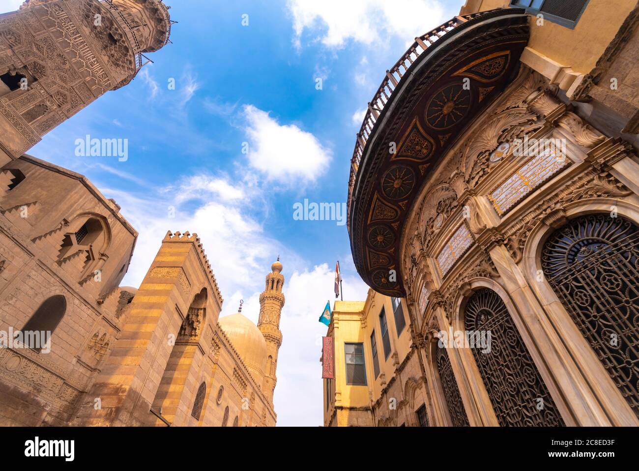 Egypt, Cairo Governorate, Cairo, Al-Nasir Muhammad Mosque and Sabil-Kuttab Ismail Pasha on Al-Muizz Li-Din Allah Al-Fatimi Street Stock Photo