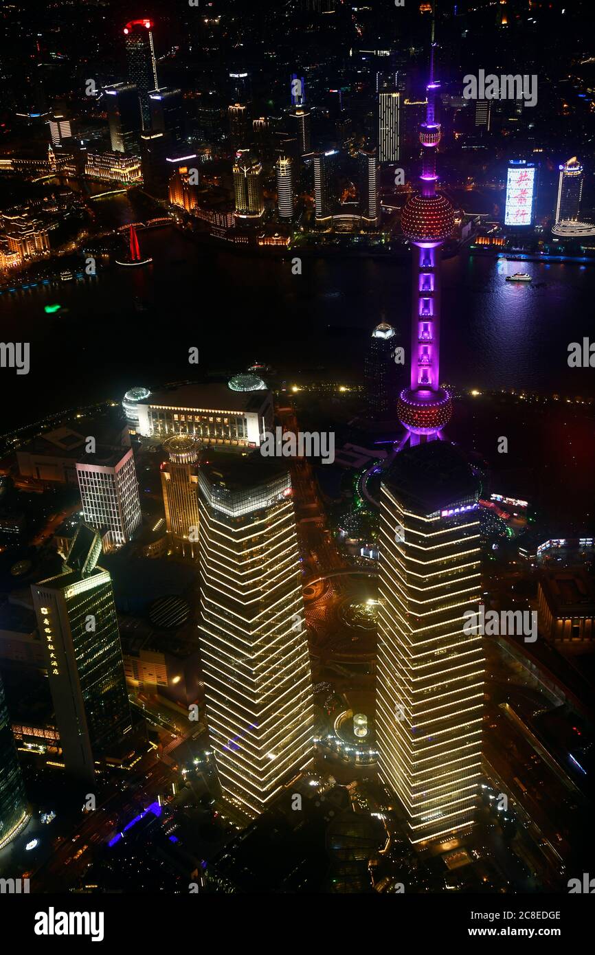 China, Shanghai, Aerial view of Lujiazui at night Stock Photo