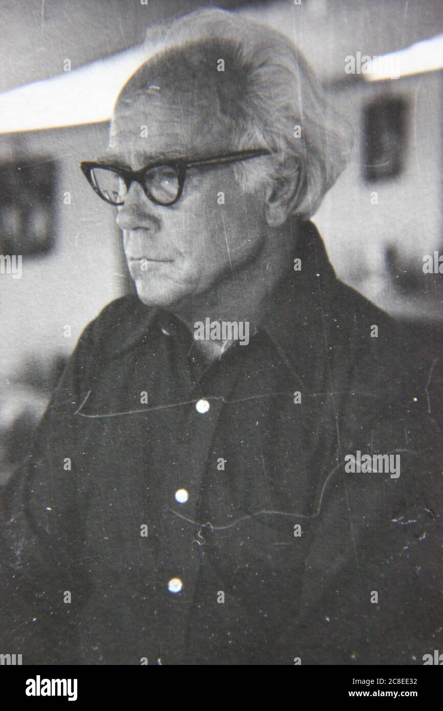 Fine 70s vintage black and white lifestyle photography of an older man dressed in nice clothes. Stock Photo