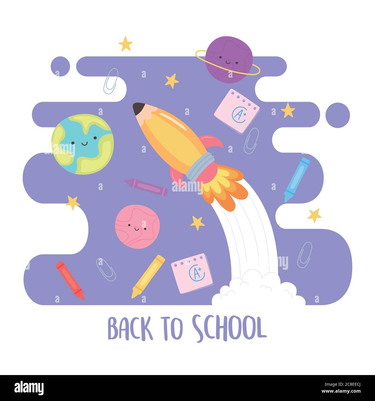back to school, rocket planets crayons and pencil education cartoon ...