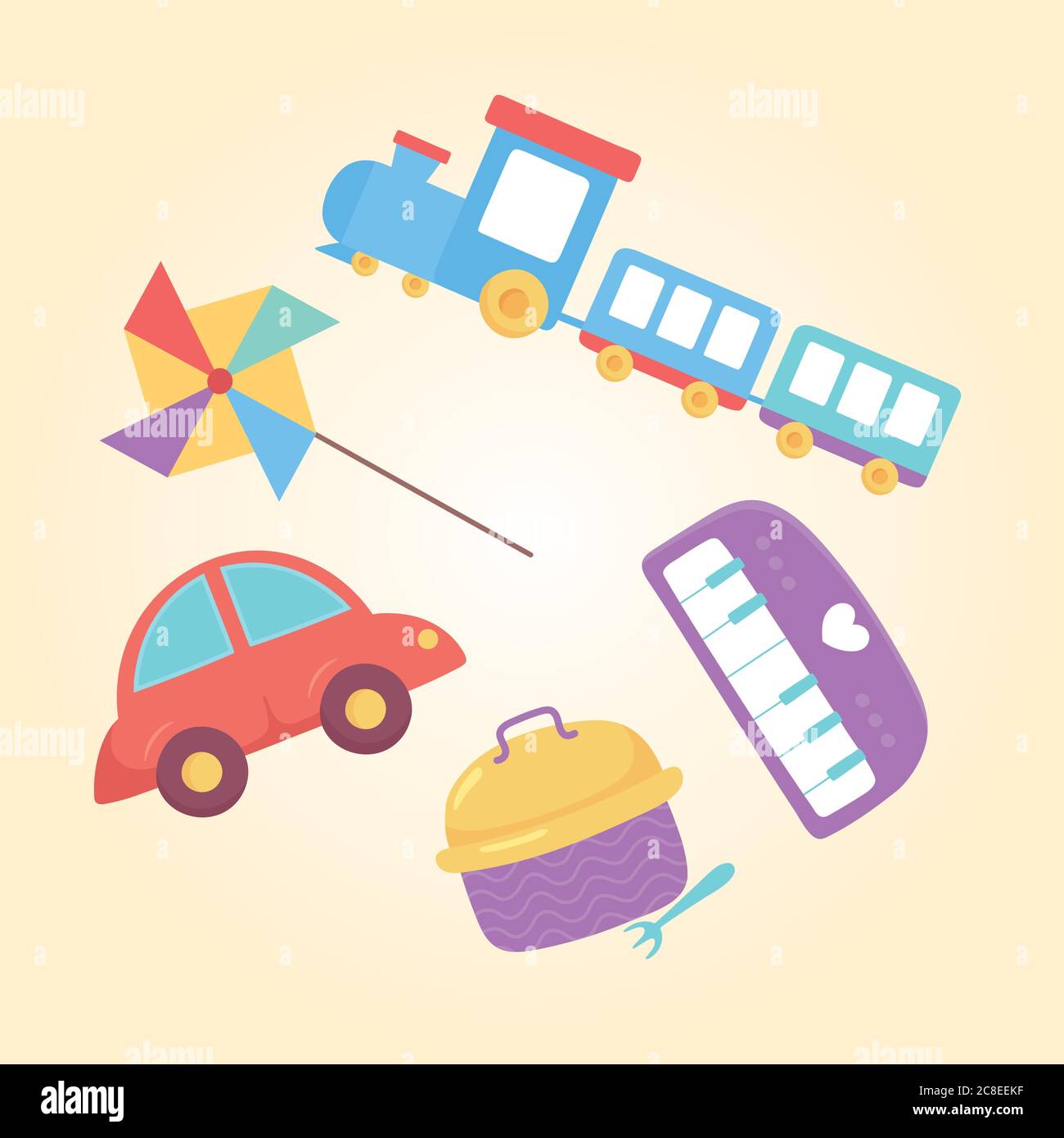 toys object for small kids to play cartoon train pinwheel car piano and  lunch box vector illustration Stock Vector Image & Art - Alamy