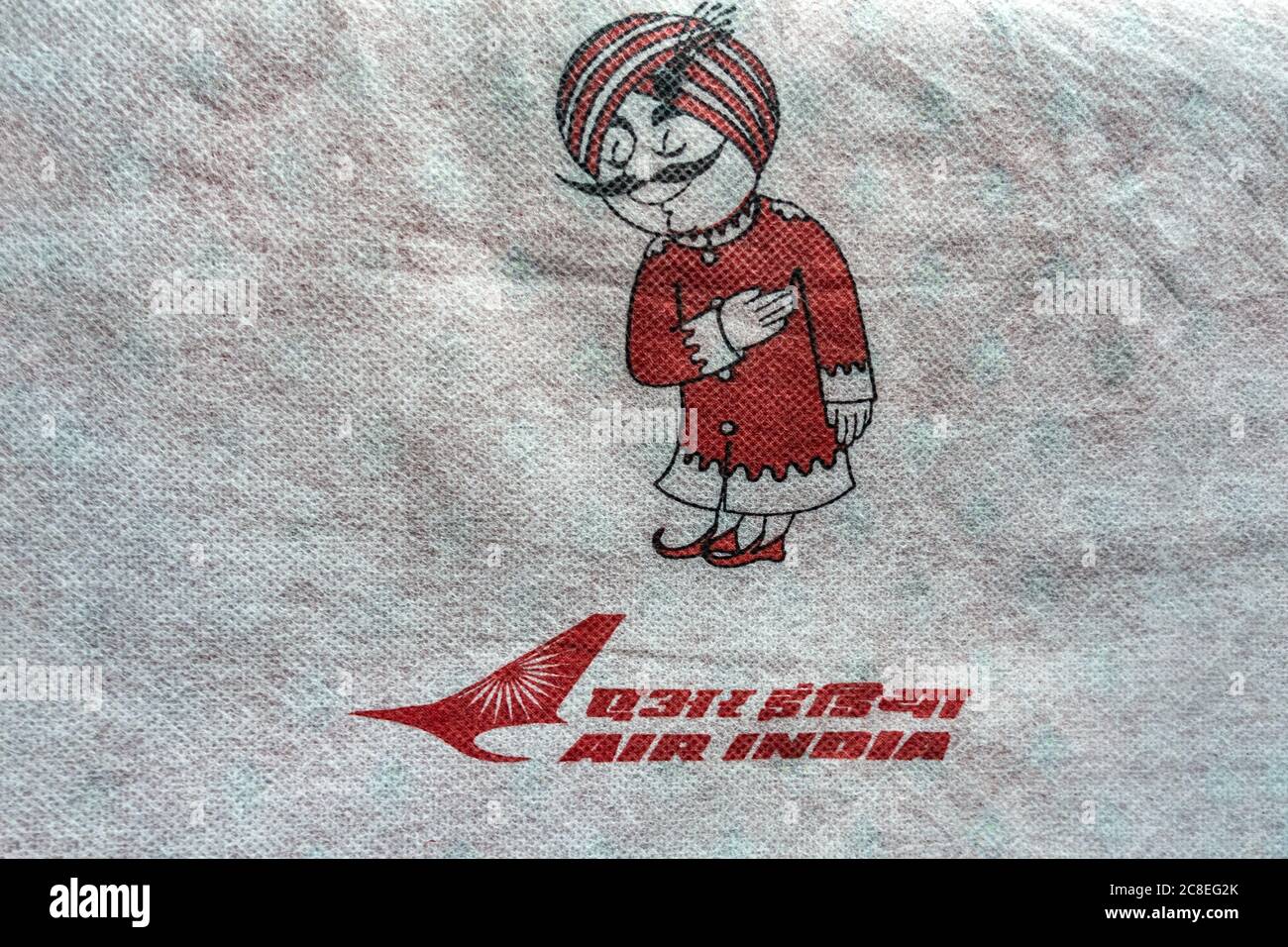 MUMBAI AIRPORT, INDIA JANUARY 01, 2019: Close up view on napkins with logo of a civilian flight company - Air India Stock Photo