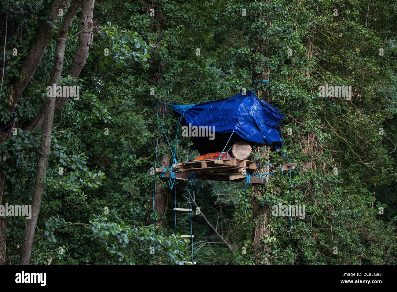 Denham, UK. 23 July, 2020. A tree house built by environmental activists from HS2 Rebellion in Denham Country Park. Activists from umbrella group HS2 Rebellion based at camps along its route continue to protest against the HS2 high-speed rail link which is currently projected to cost £106bn and will remain a net contributor to CO2 emissions during its projected 120-year lifespan. Credit: Mark Kerrison/Alamy Live News Stock Photo