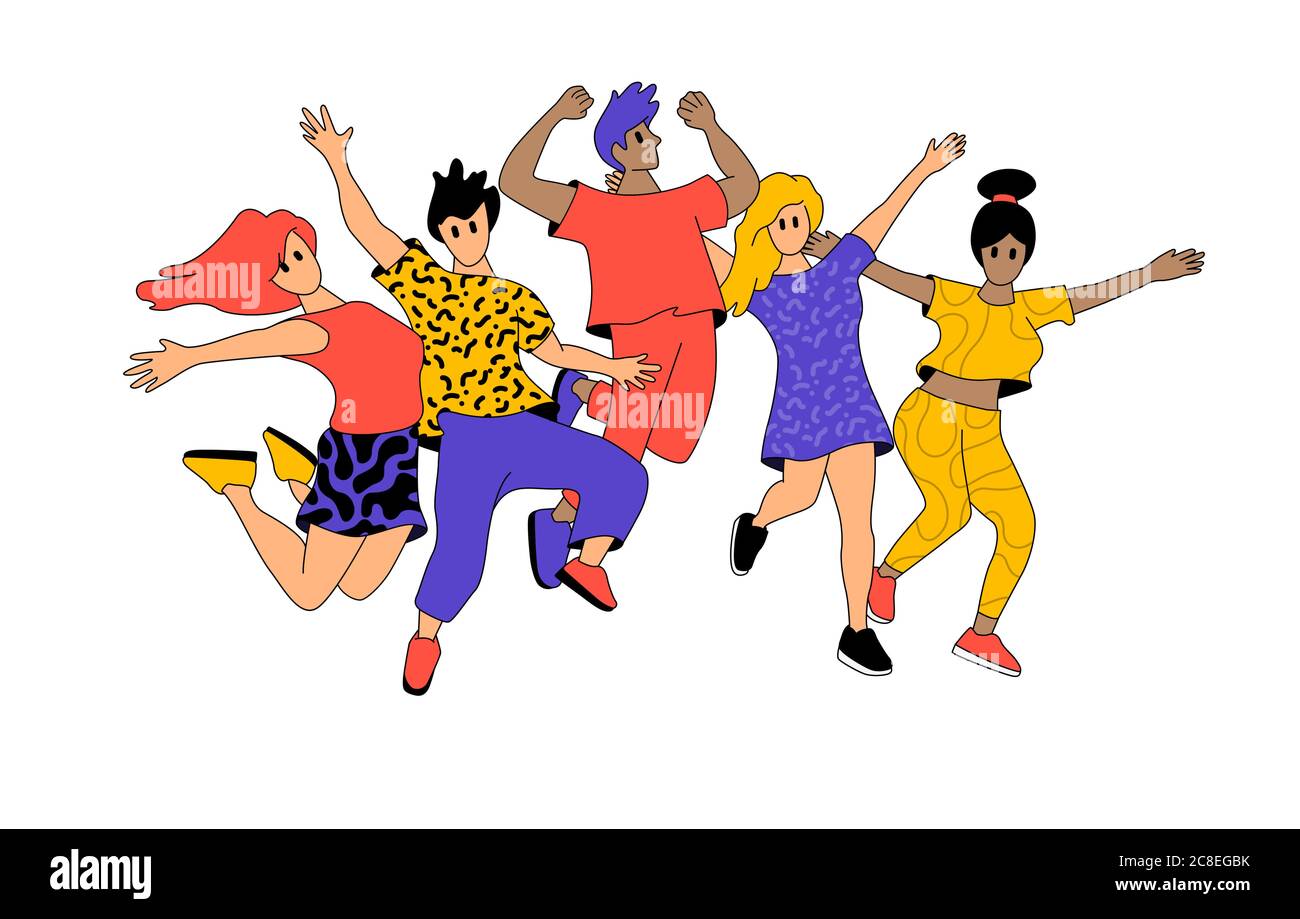 A group of friends and colleagues jumping into the air with happiness. Successful and healthy people characters vector illustration Stock Vector