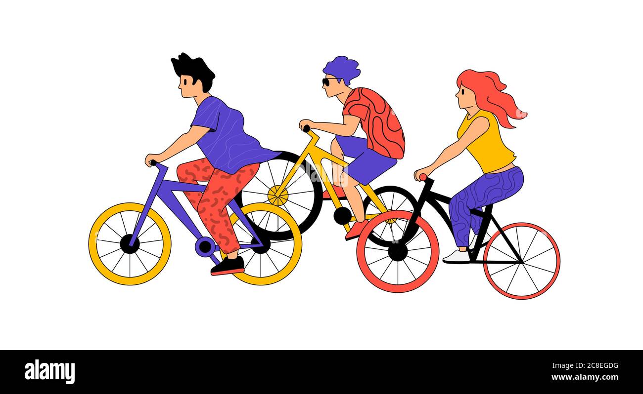 Active people characters outdoors on bikes cycling. Fit and active bicycle lifestyles vector illustration. Stock Vector