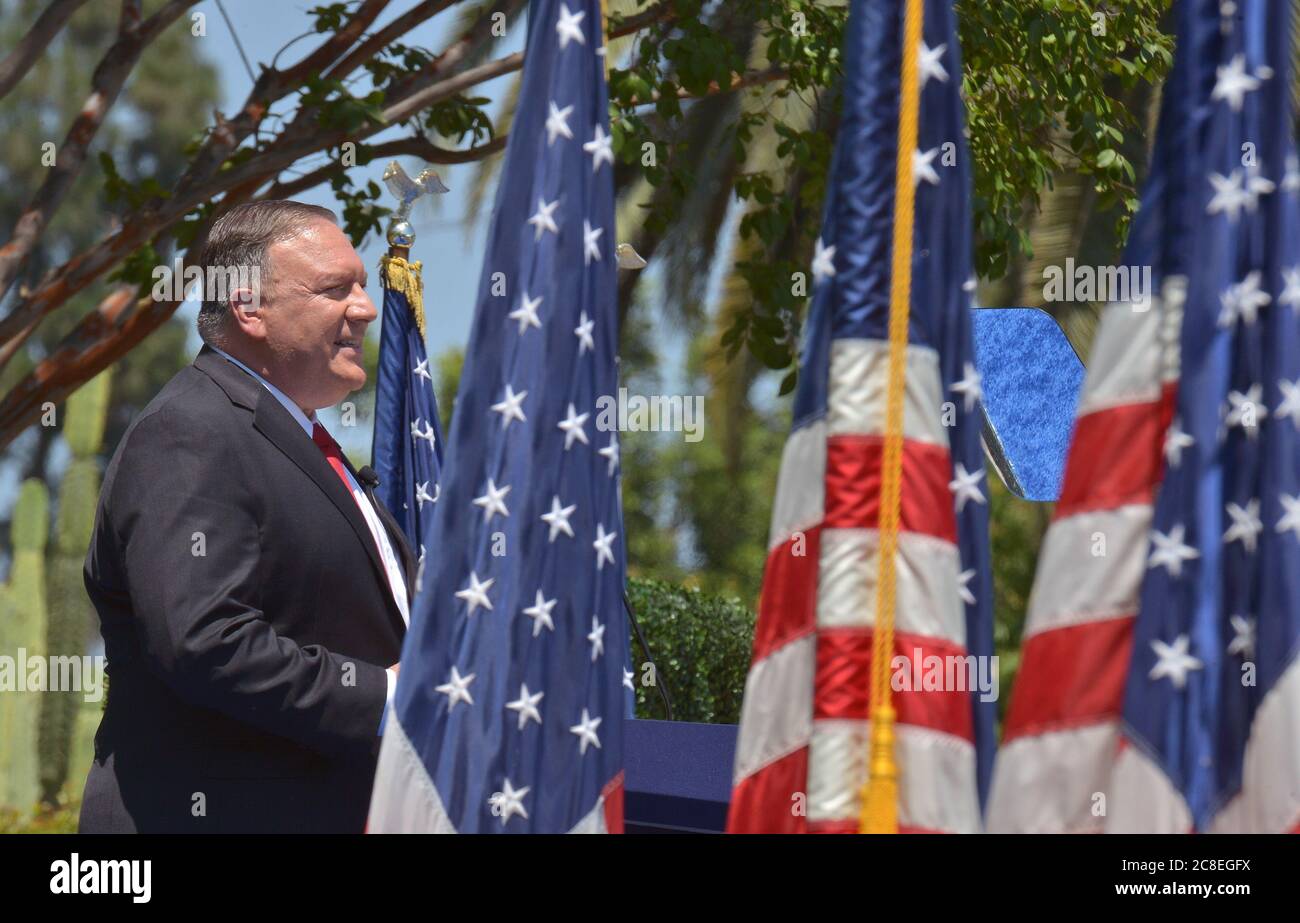 Yorba Linda, United States. 23rd July, 2020. U.S. Secretary of State Mike Pompeo delivers a major policy address on U.S.-China relations at the Richard Nixon Presidential Library in Yorba Linda, California on Thursday, July 23, 2020. Pompeo declared U.S. engagement with China is a dismal failure, fifty years after Nixon's historic 1972 trip to China. Photo by Jim Ruymen/UPI Credit: UPI/Alamy Live News Stock Photo