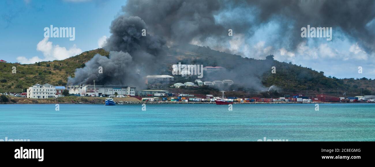 Fire in Marigot Factory Stock Photo