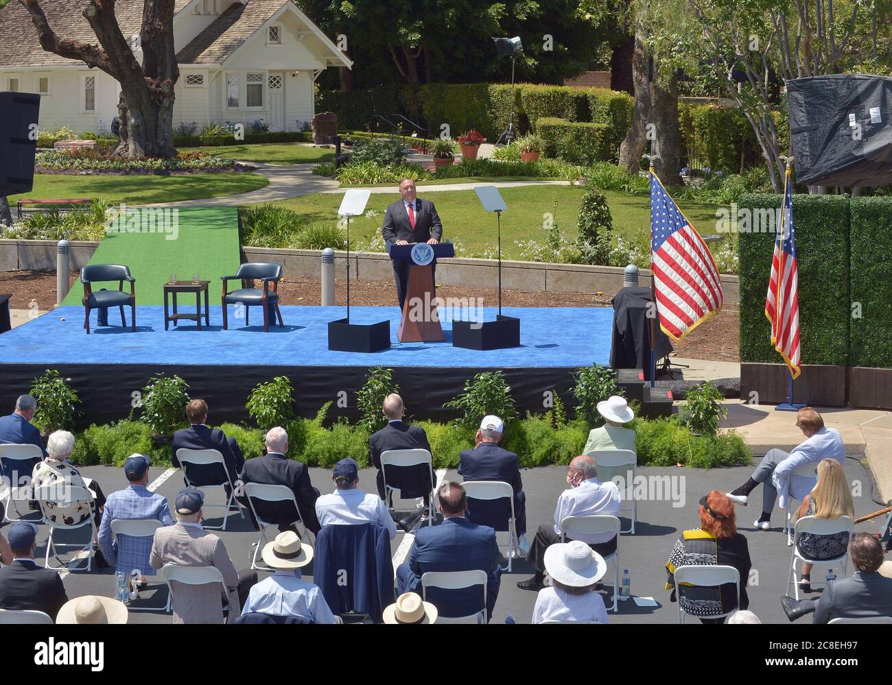 Yorba Linda, United States. 23rd July, 2020. U.S. Secretary of State Mike Pompeo delivers a major policy address on U.S.-China relations at the Richard Nixon Presidential Library in Yorba Linda, California on Thursday, July 23, 2020. Pompeo declared U.S. engagement with China is a dismal failure, fifty years after Nixon's historic 1972 trip to China. At rear is the house Nixon was born and raised in. Photo by Jim Ruymen/UPI Credit: UPI/Alamy Live News Stock Photo
