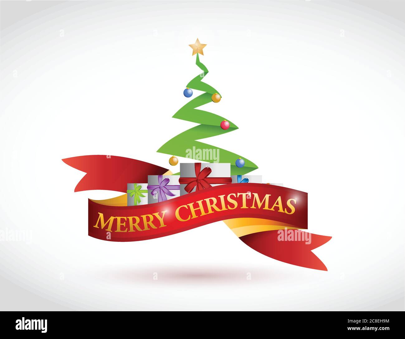 Merry christmas ribbon and tree illustration design over a white