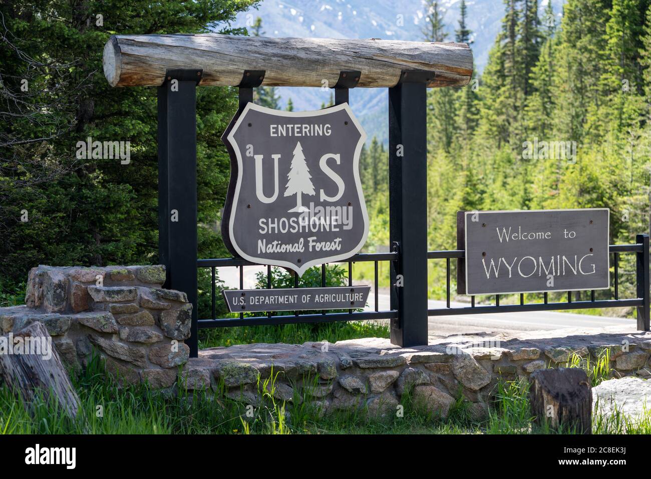 Shoshone National Forest, Wyoming - July 2, 2020: Welcome to Wyoming and the Shoshone National Forest sign along the Beartooth Highway Stock Photo