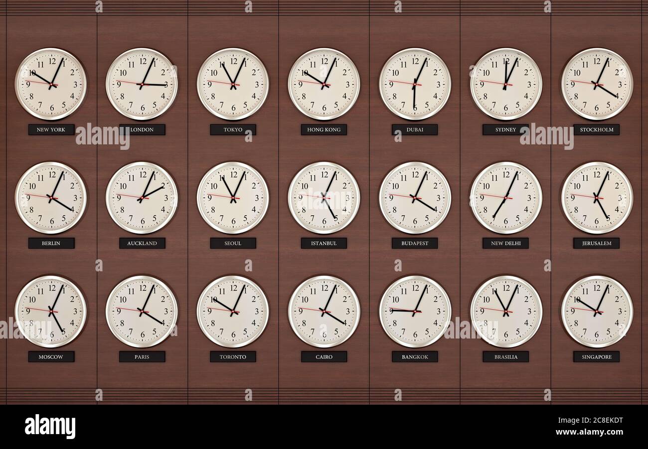 World wide time zone clock. Clocks on the wall, showing the time around the world. Stock Photo