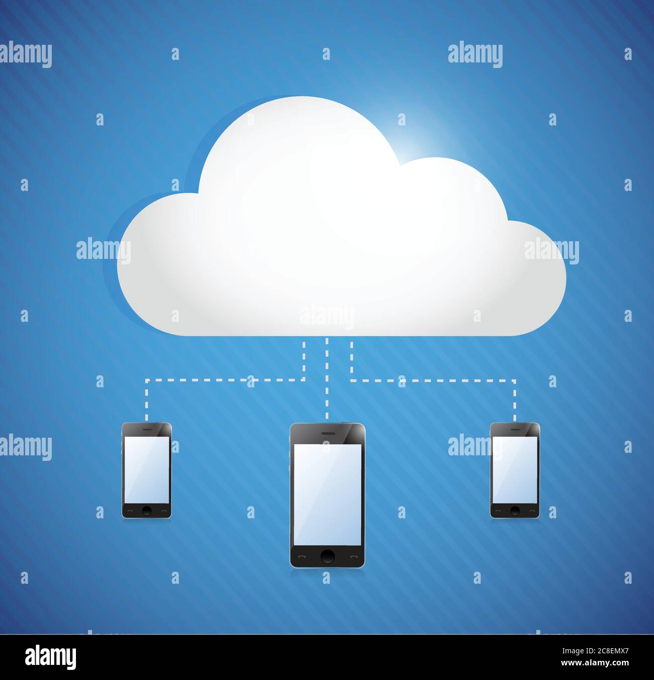 Cloud computing storage connected to phones. illustration design Stock