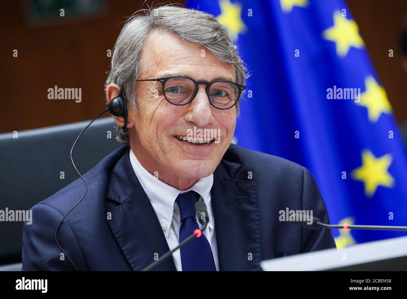 (200724) -- BRUSSELS, July 24, 2020 (Xinhua) -- European Parliament President David Sassoli chairs an extraordinary European Parliament plenary session in Brussels, Belgium, July 23, 2020. A sizeable majority of members of the European Parliament (MEPs) on Thursday demanded significant changes to the European Union's (EU) 2021-2027 budget, which was agreed on by EU leaders at a summit earlier this week, saying they were prepared to block it unless it is improved. (European Union/Handout via Xinhua) Stock Photo