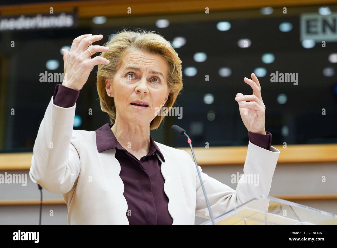 (200724) -- BRUSSELS, July 24, 2020 (Xinhua) -- European Commission President Ursula von der Leyen makes a statement at an extraordinary European Parliament plenary session in Brussels, Belgium, July 23, 2020. A sizeable majority of members of the European Parliament (MEPs) on Thursday demanded significant changes to the European Union's (EU) 2021-2027 budget, which was agreed on by EU leaders at a summit earlier this week, saying they were prepared to block it unless it is improved. (European Union/Handout via Xinhua) Stock Photo