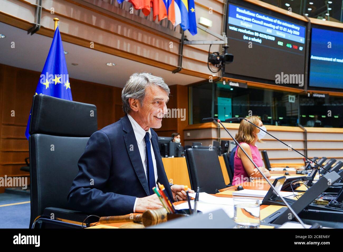 (200724) -- BRUSSELS, July 24, 2020 (Xinhua) -- European Parliament President David Sassoli (L) chairs an extraordinary European Parliament plenary session in Brussels, Belgium, July 23, 2020. A sizeable majority of members of the European Parliament (MEPs) on Thursday demanded significant changes to the European Union's (EU) 2021-2027 budget, which was agreed on by EU leaders at a summit earlier this week, saying they were prepared to block it unless it is improved. (European Union/Handout via Xinhua) Stock Photo