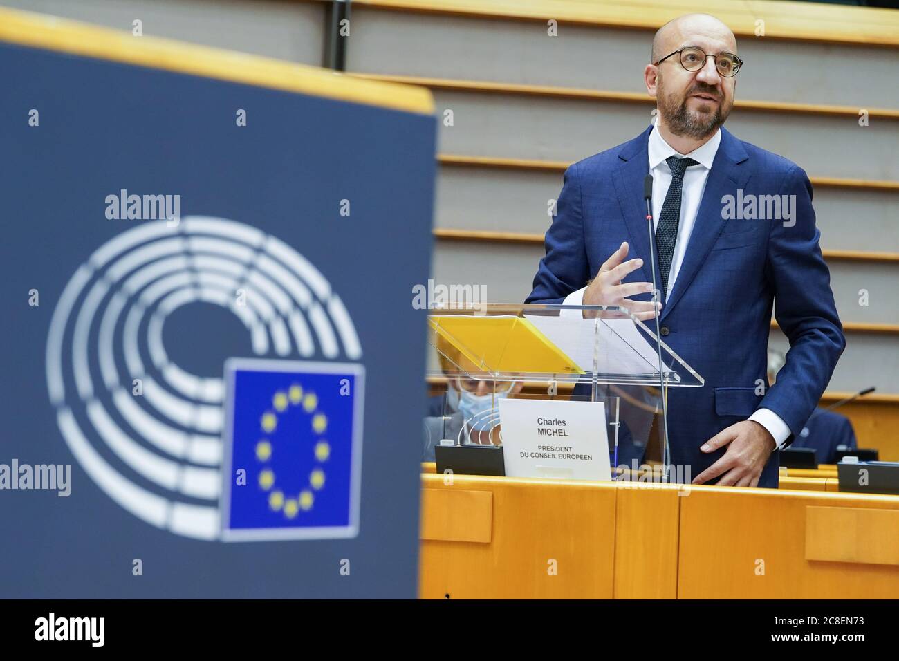 (200724) -- BRUSSELS, July 24, 2020 (Xinhua) -- European Council President Charles Michel makes a statement at an extraordinary European Parliament plenary session in Brussels, Belgium, July 23, 2020. A sizeable majority of members of the European Parliament (MEPs) on Thursday demanded significant changes to the European Union's (EU) 2021-2027 budget, which was agreed on by EU leaders at a summit earlier this week, saying they were prepared to block it unless it is improved. (European Union/Handout via Xinhua) Stock Photo