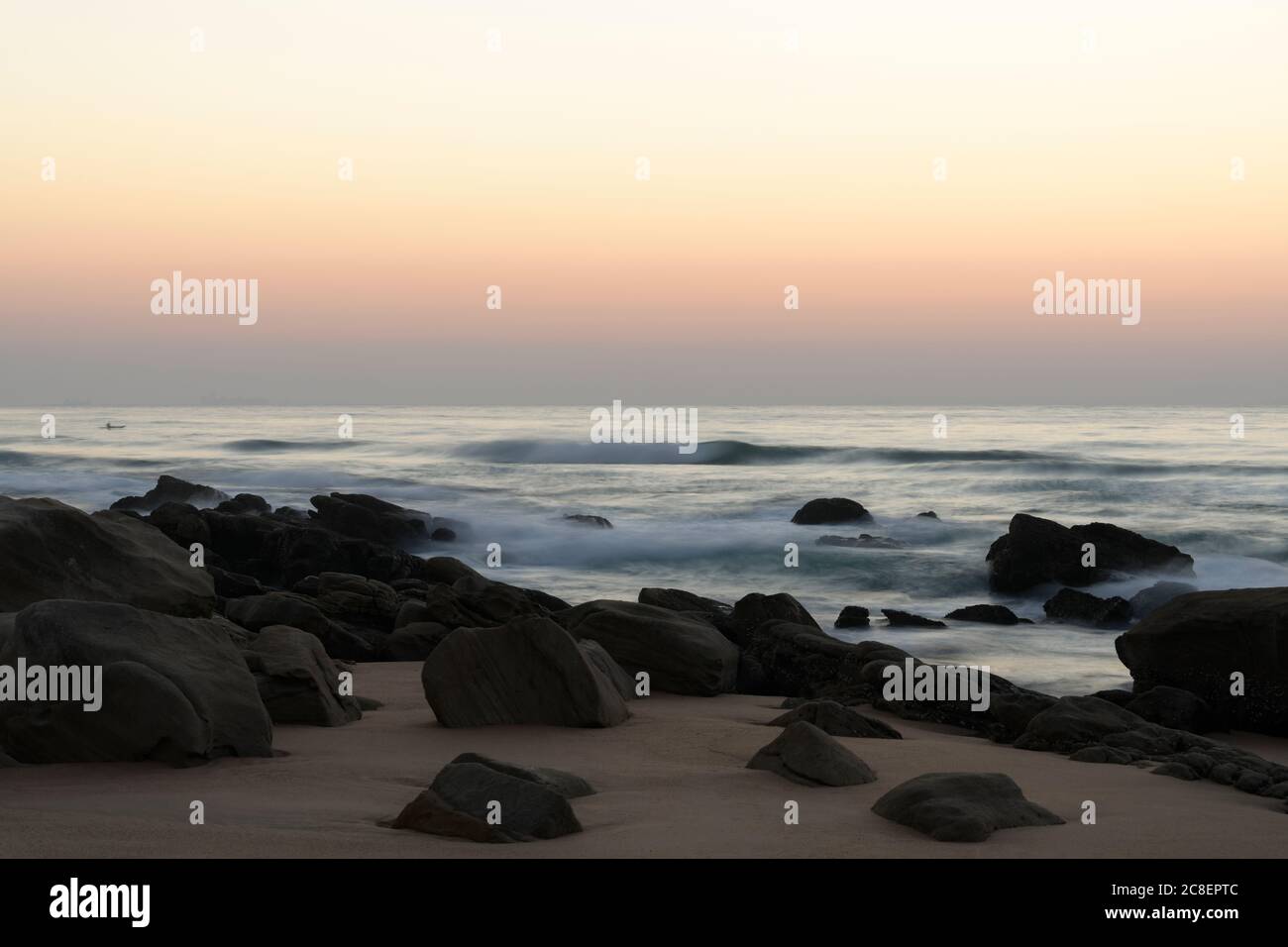 Landscape, beautiful beach at dawn, Durban, South Africa, motion, blur, African seascape, coast, beauty in nature, backgrounds, mood, atmosphere Stock Photo