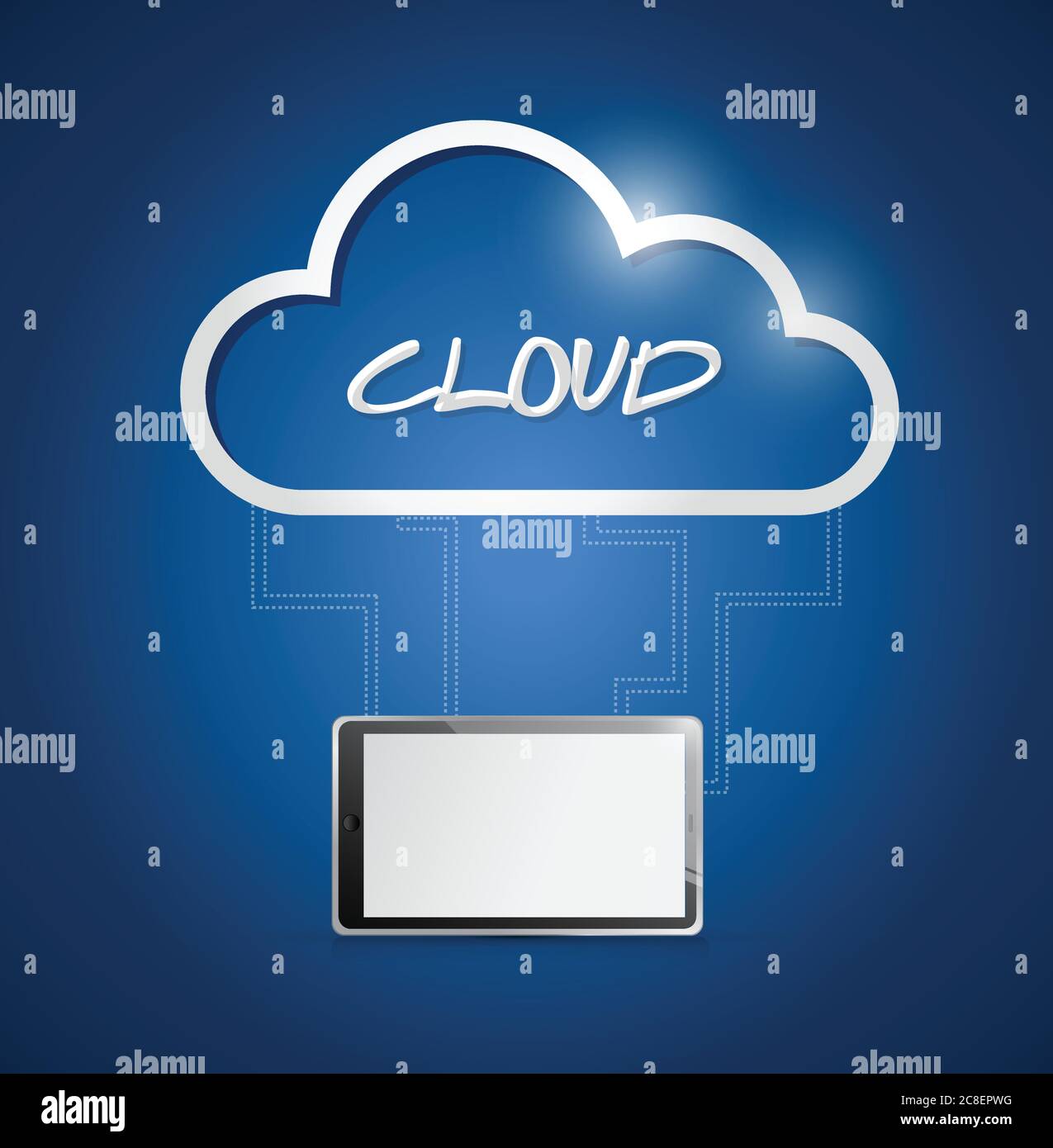 Tablet connected to a cloud. illustration design over a blue background Stock Vector