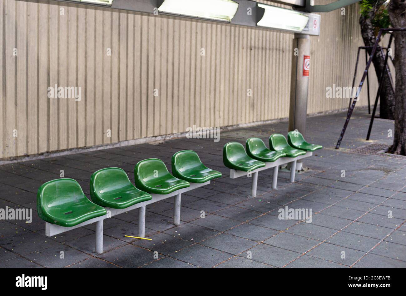 a bus stop was no people due to restriction movement during Covid-19 time, Bangkok Thailand Stock Photo