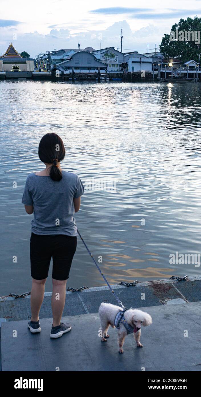 a lady with her dog was at riverside of Chaopraya, Thailand Stock Photo