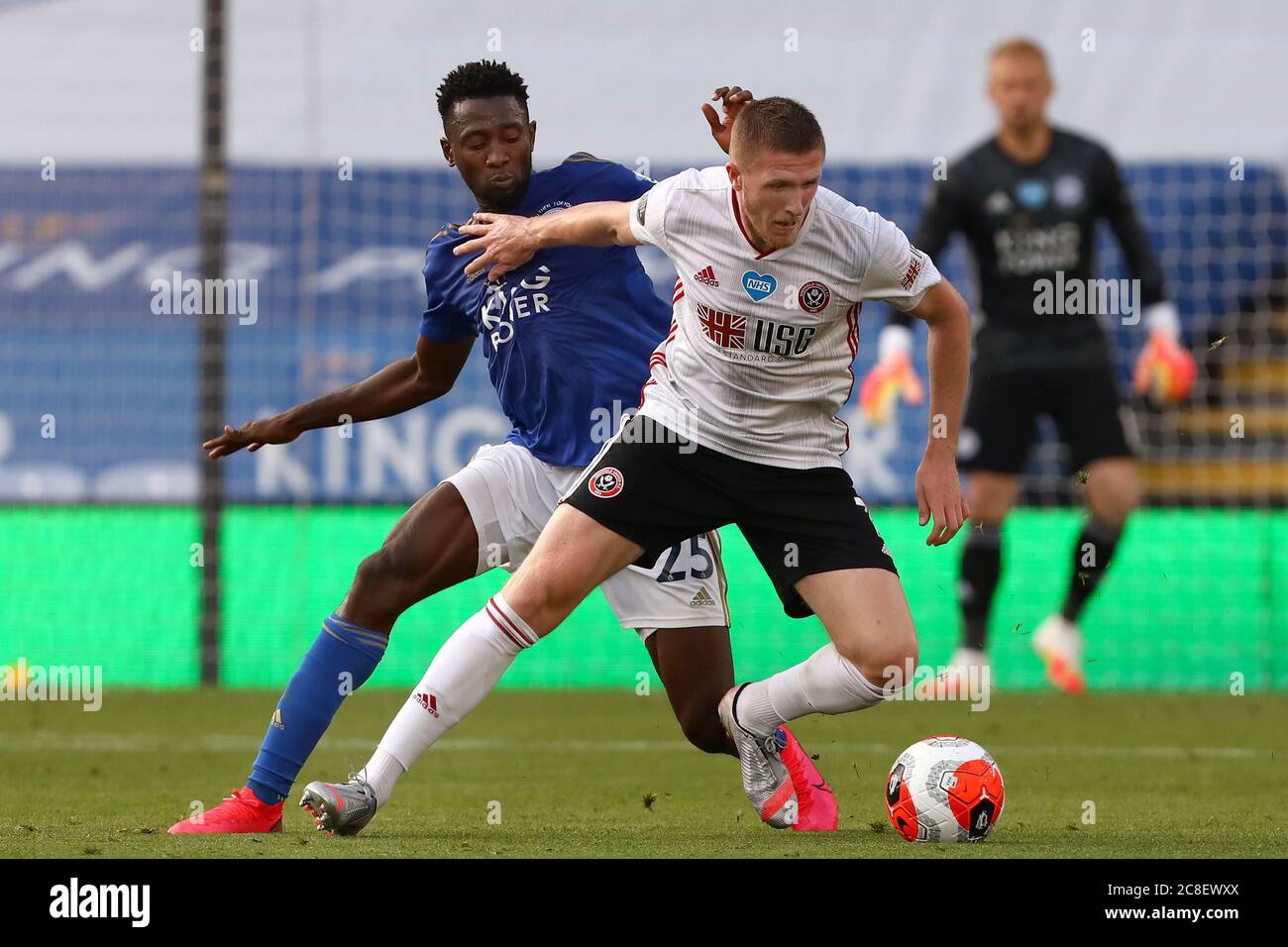 John Lundstram of Sheffield United and Wilfred Ndidi of Leicester City in action during the Premier League match between Leicester City and Sheffield United at King Power Stadium.(Final Score; Leicester City 2 - 0 Sheffield United) Stock Photo