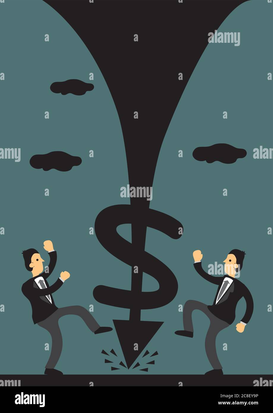 Big arrow sign with money symbol crashing down. Creative cartoon vector illustration on market crash and economic crisis concept. Stock Vector