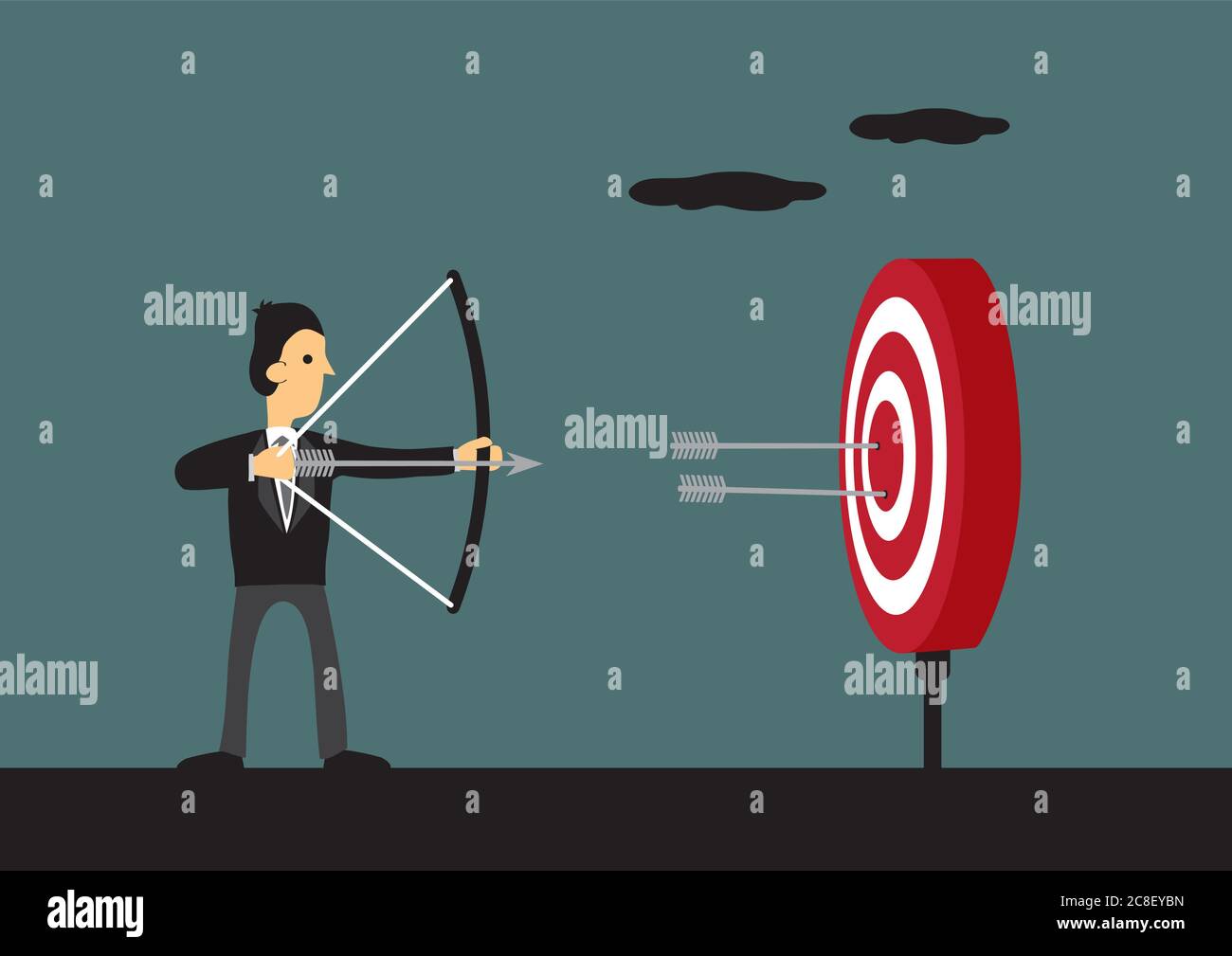 Cartoon man holding bow and arrow aiming at center of target with two arrows on bulls eye. Vector illustration for business goal and success. Stock Vector