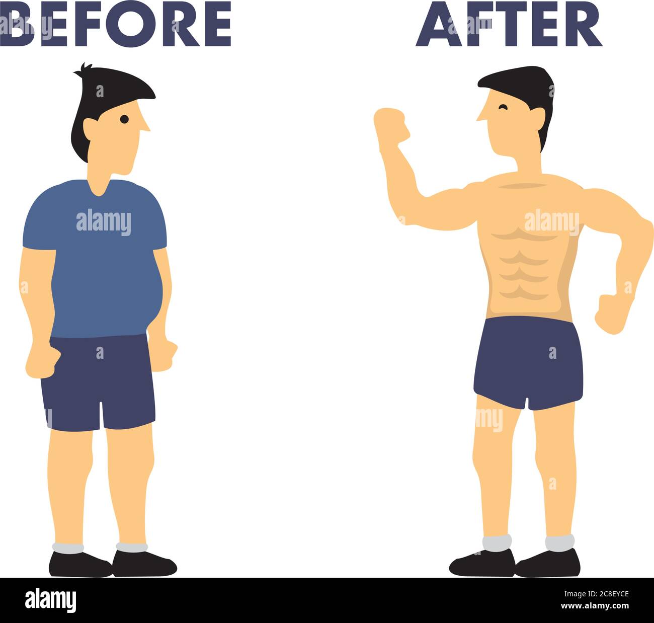 Before and after weight loss different of man’s body. Concept of slimming, weight loss or success bodybuilding. Isolated vector illustration. Stock Vector