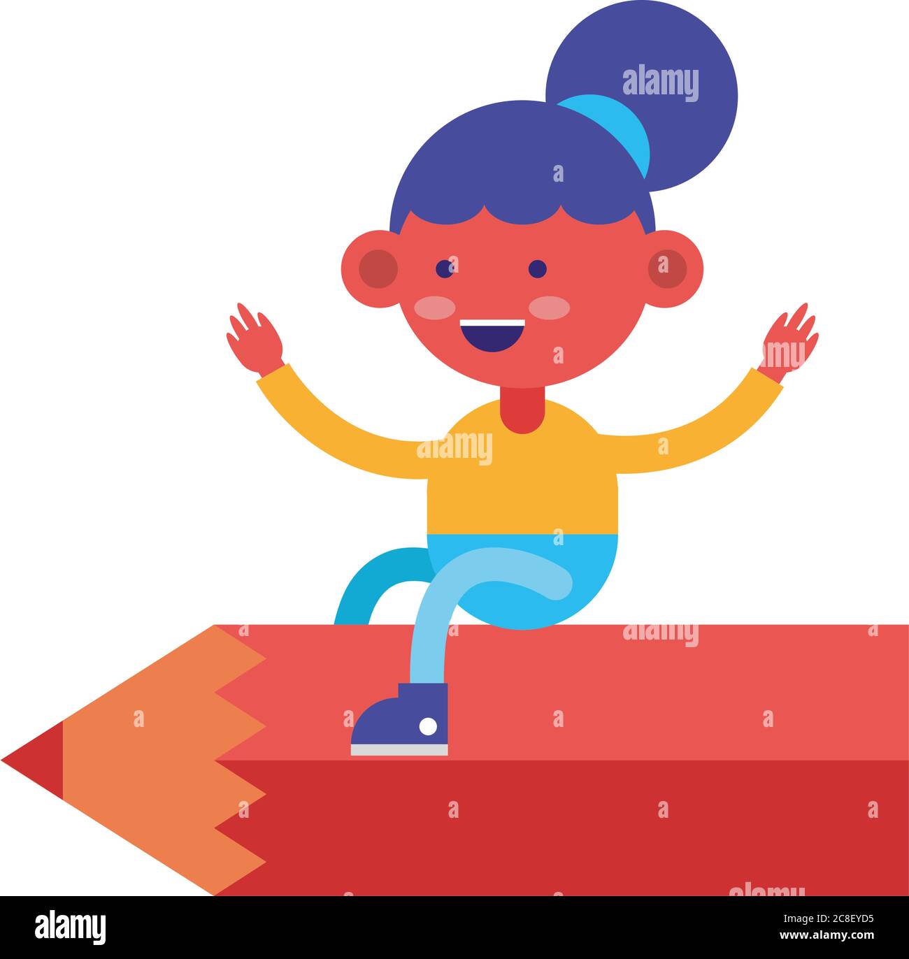 little student girl flying in pencil comic character vector ...