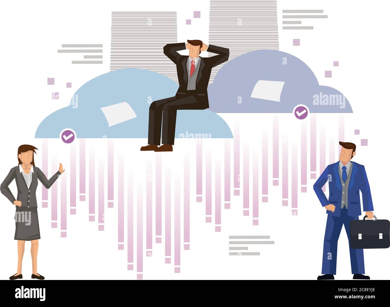 Businesspeople with Cloud Computing Concept. Cloud Computing online digital document storage system. Flat cartoon character vector illustration. Stock Vector