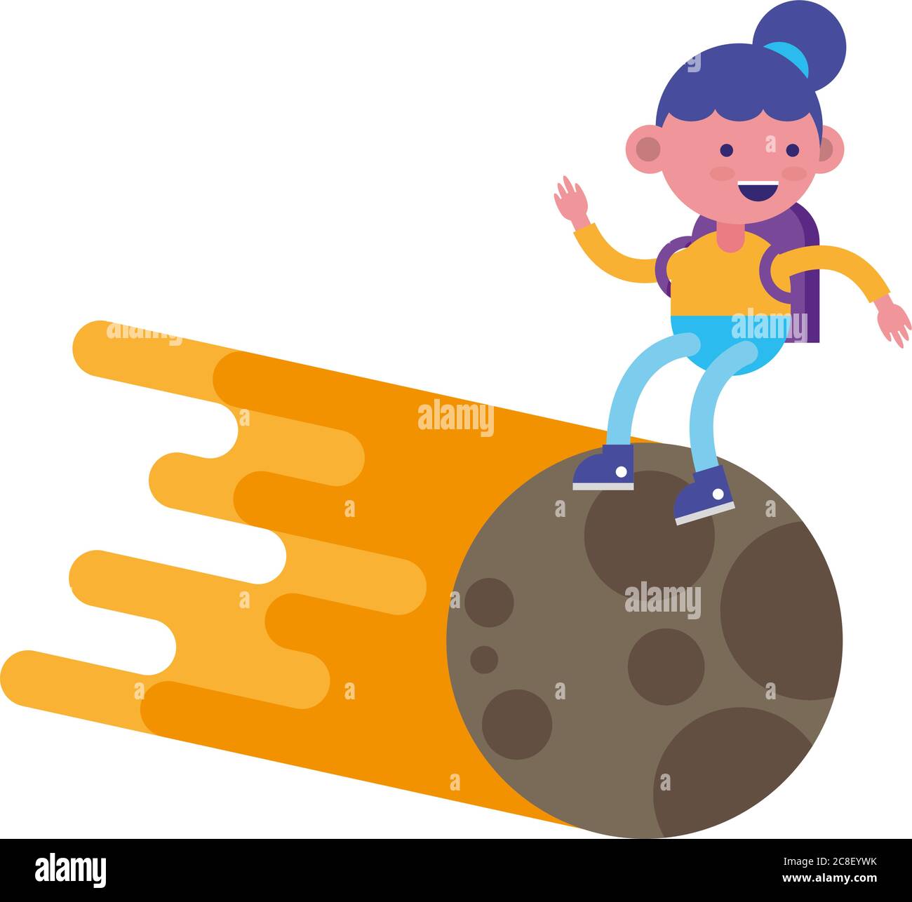 little student girl flying in moon comic character vector illustration ...