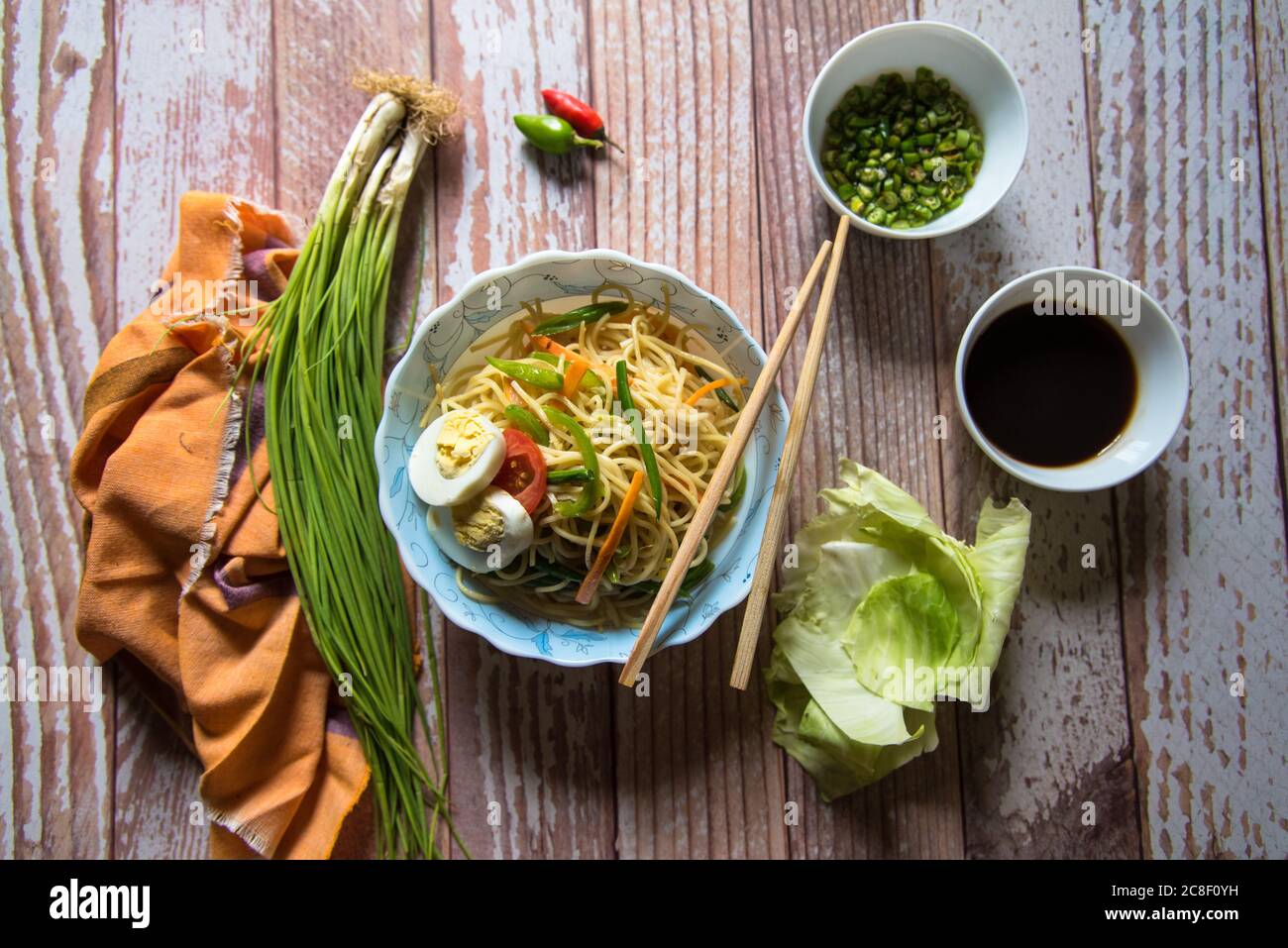 Noodles, a chinese recipe with ingredients Stock Photo