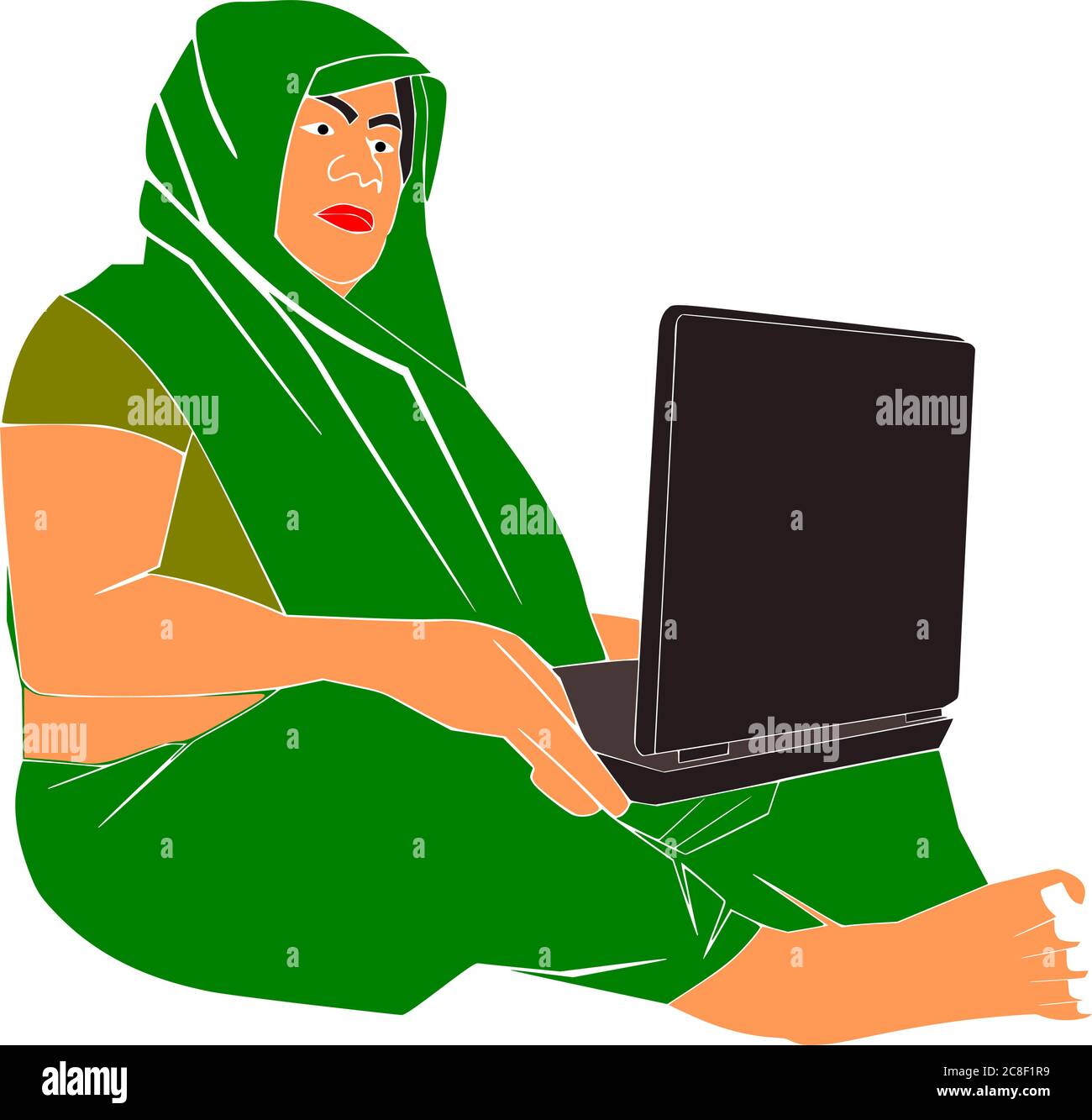 An indian village woman cartoon operating laptop wearing green sari ...