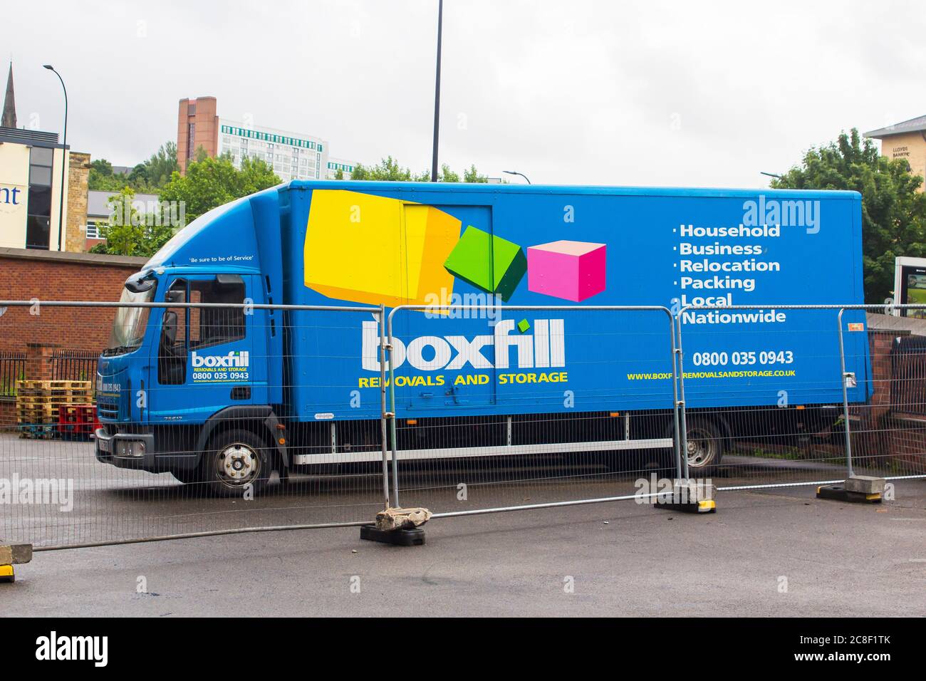 7 July 2020 A boxfill business van parked up behind temporary security fencing at their business premises on Sussex Street in Sheffield England Stock Photo