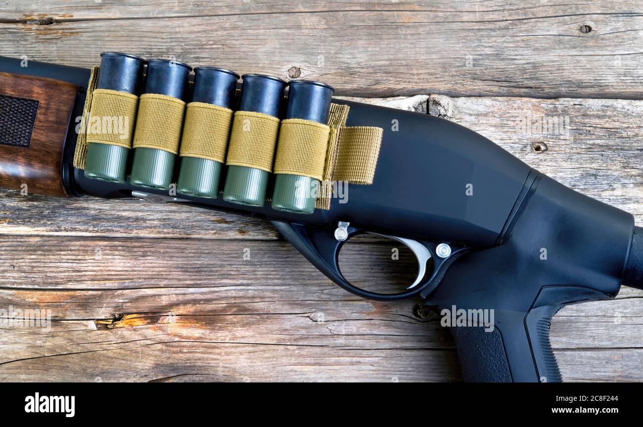 12 gauge shotgun with tactical shell holder on side of gun. Stock Photo
