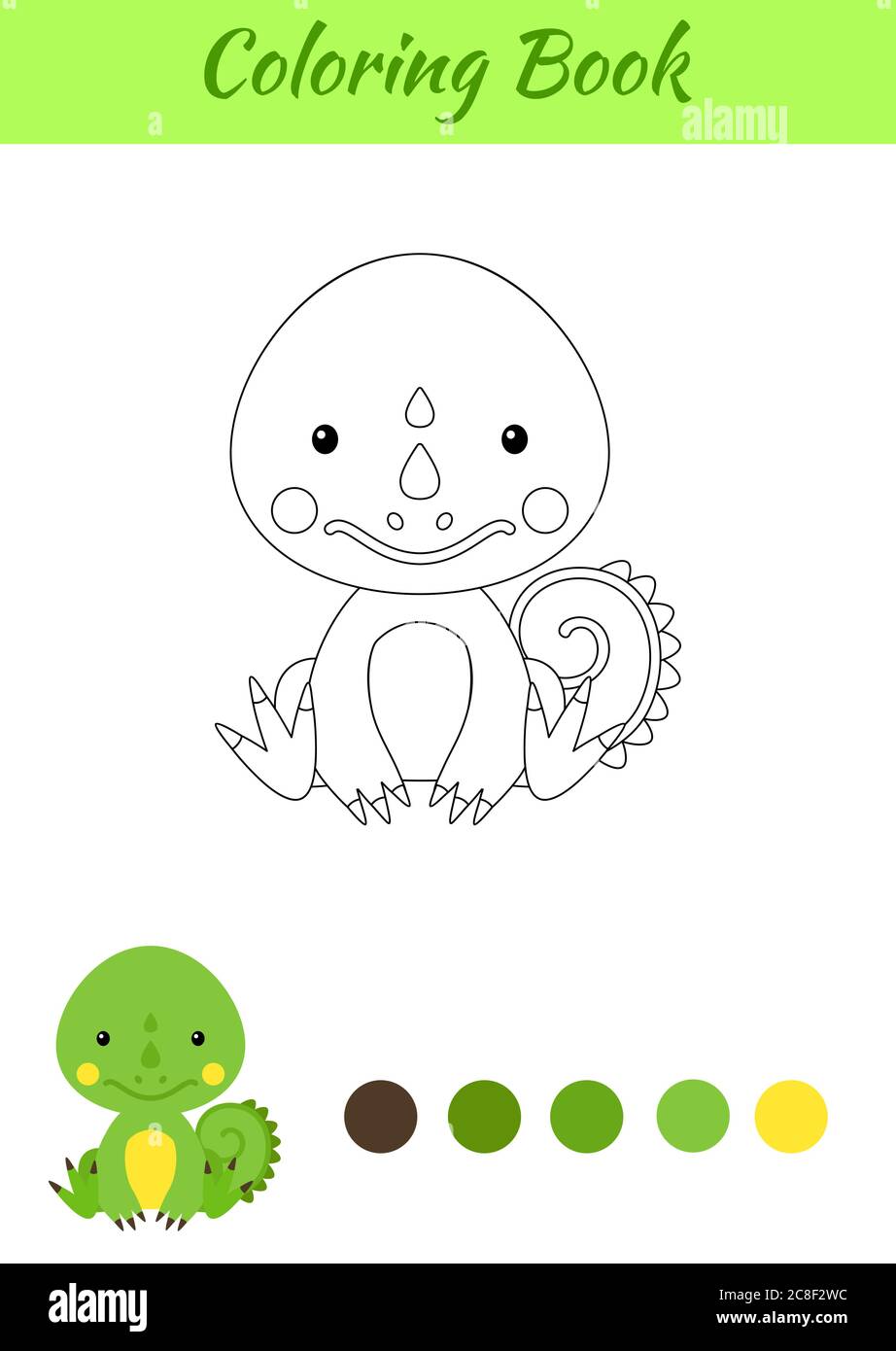 Coloring page little sitting baby iguana. Coloring book for kids. Educational activity for preschool years kids and toddlers with cute animal. Stock Vector