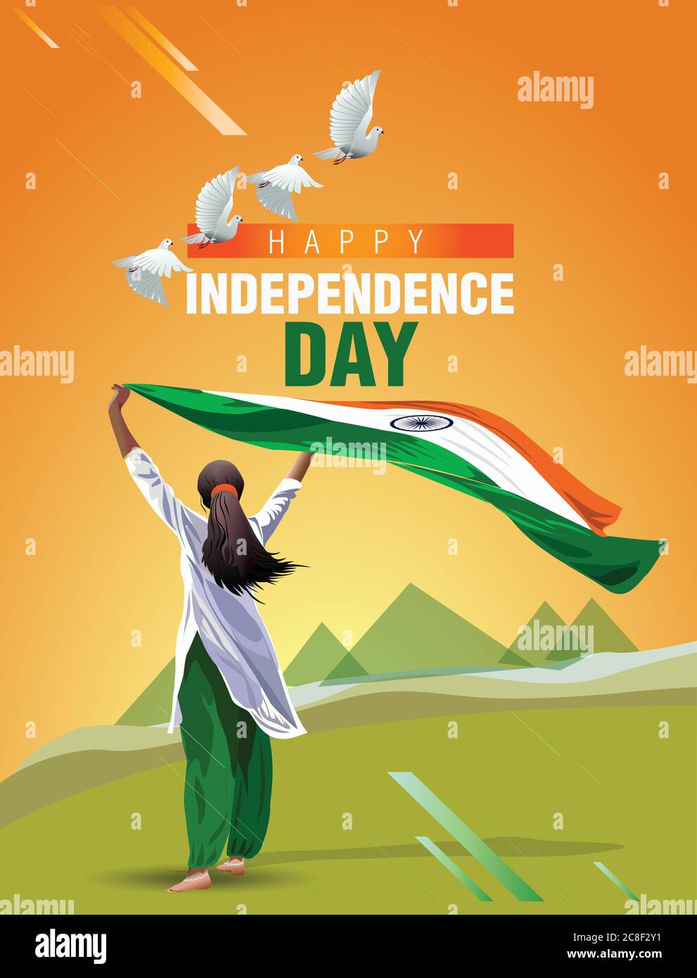 Indian Girl waving flag her hands. 15 August Happy Independence ...