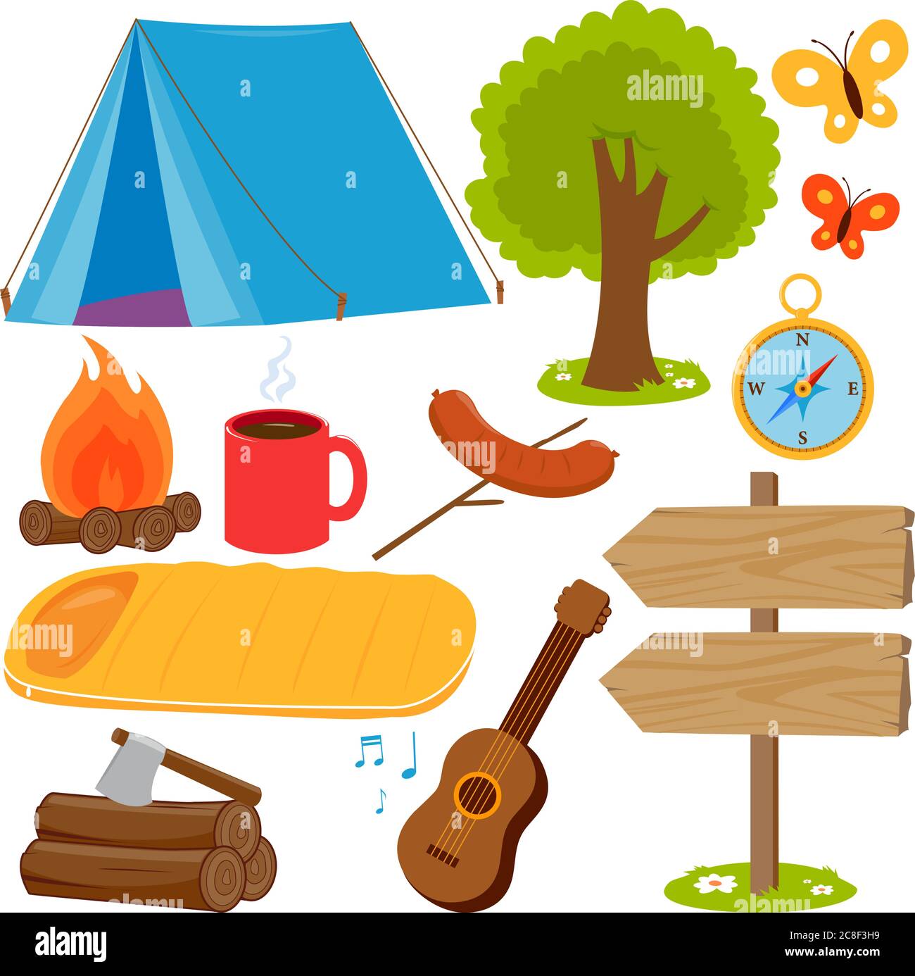 Camping objects and equipment collection. Vector illustration set Stock
