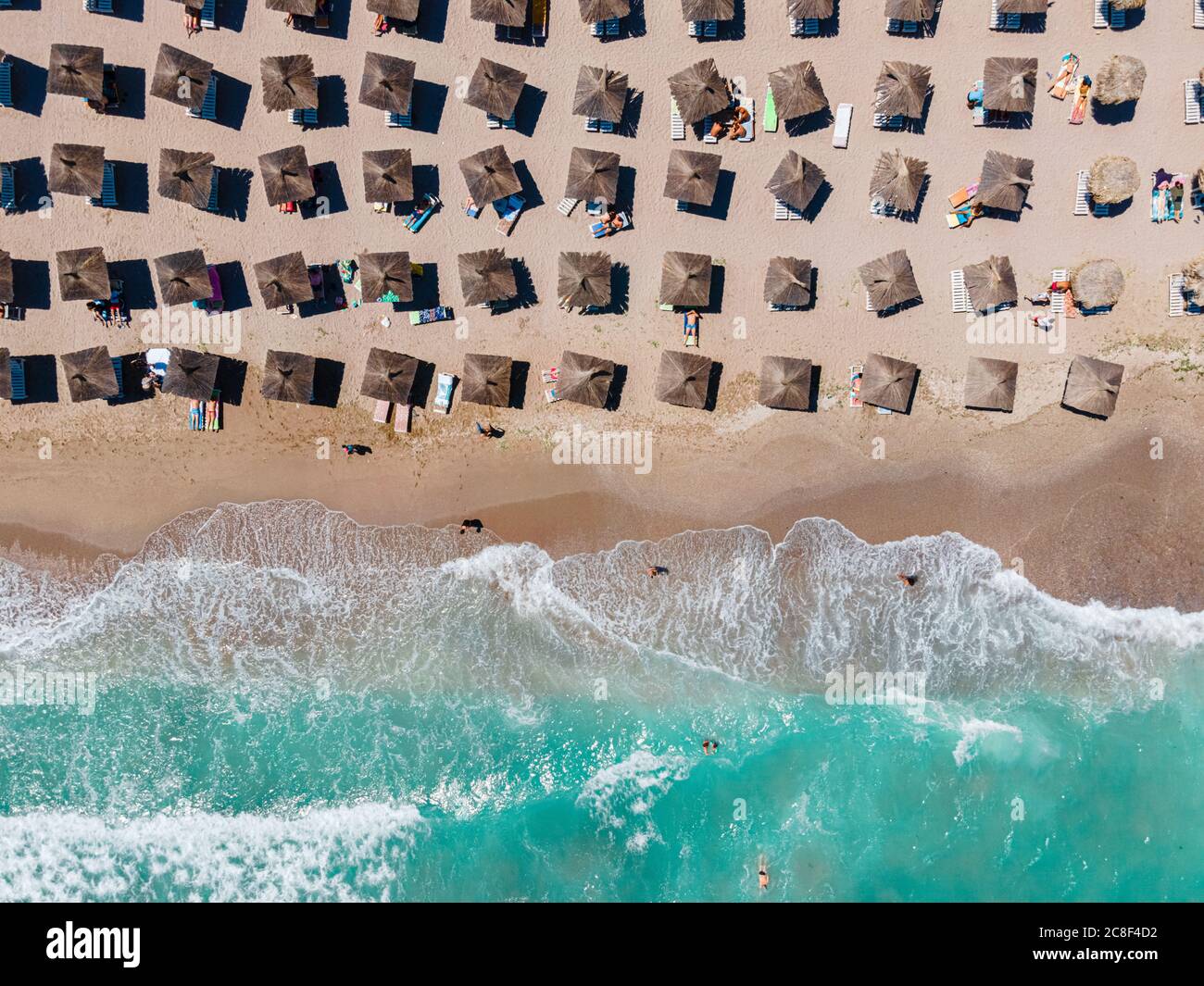 Aerial Beach, People And Umbrellas On Beach Photography, Blue Ocean Landscape, Sea Waves Stock