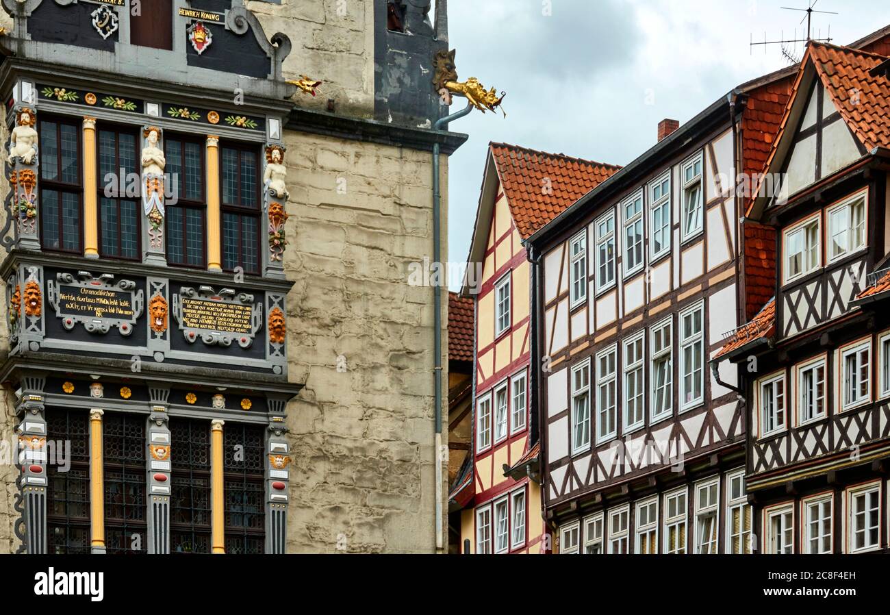 Half-timbered houses and part of the facade of the town hall by Hann. Muenden, Germany Stock Photo