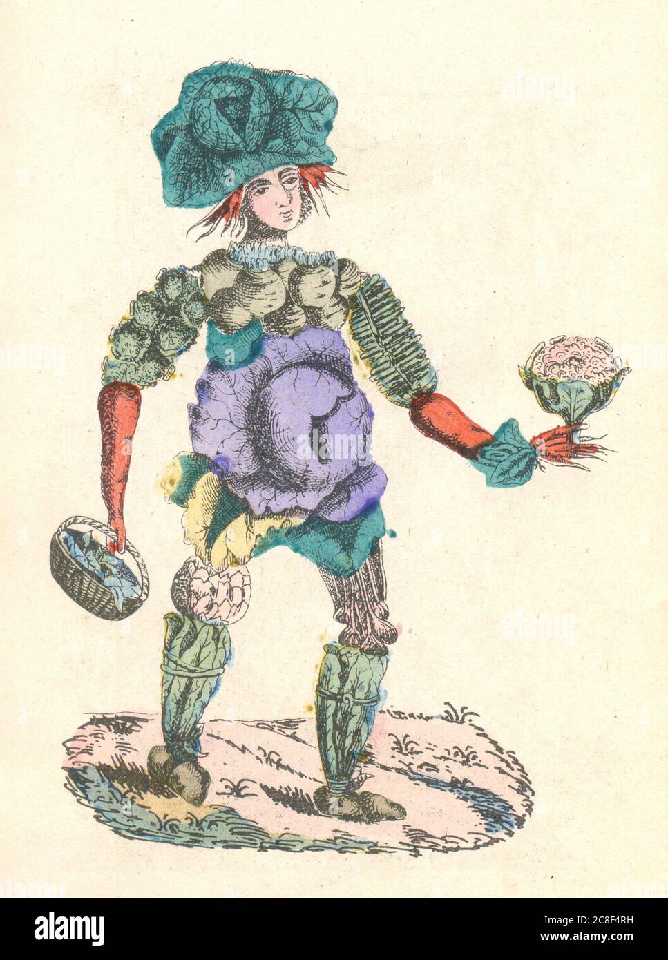 hand coloured print of man shown as varieties of vegetables in German picture book for children Stock Photo